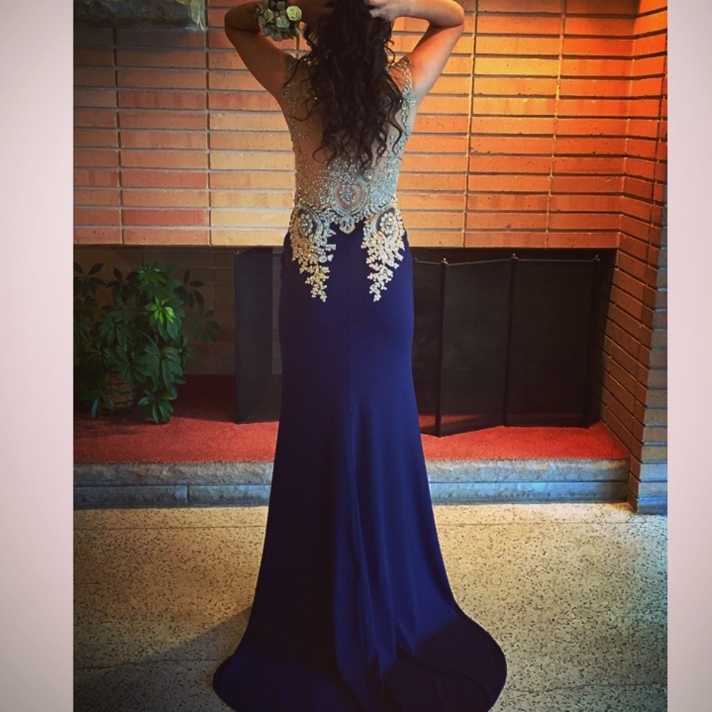 Navy and gold jeweled prom dress